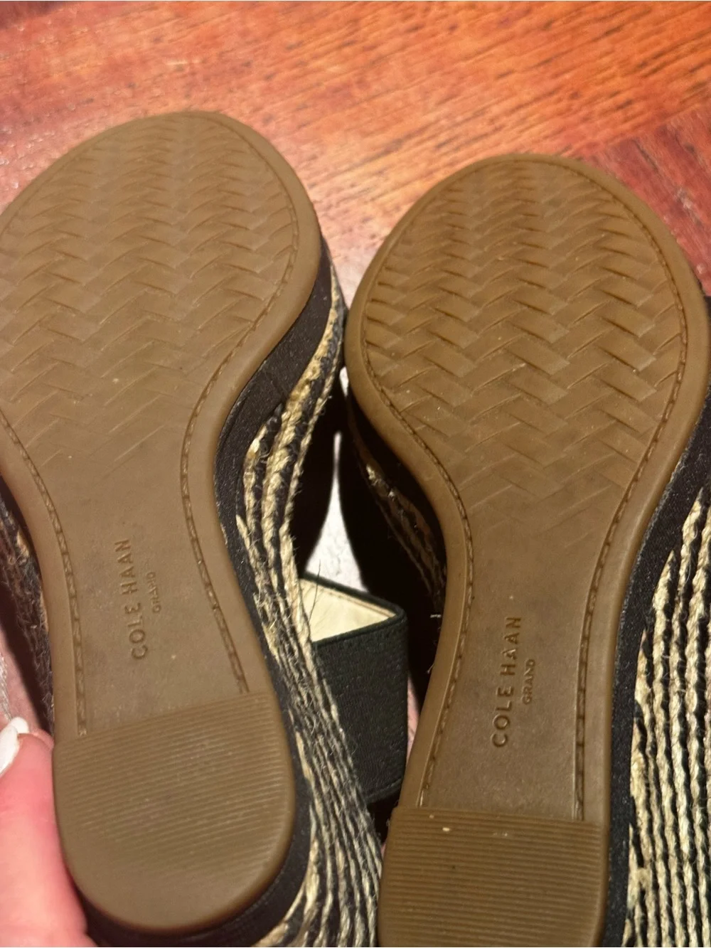 Cole Haan Black Espadrille Wedge Sandals with Natural Rope Details